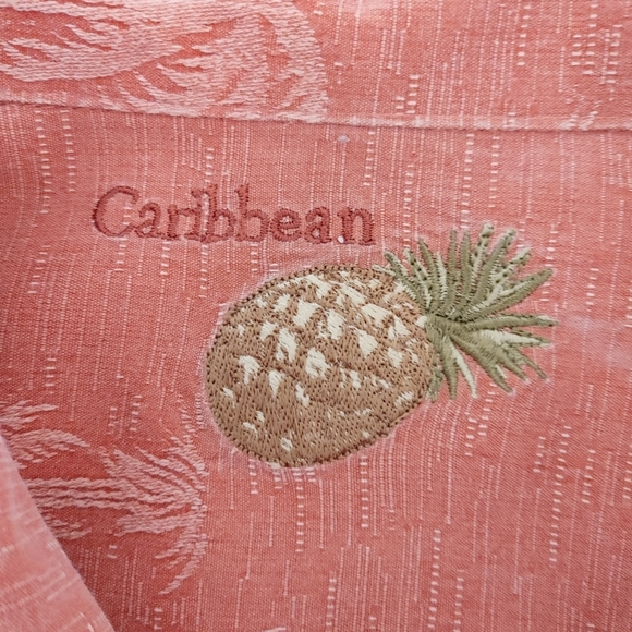 CARIBBEAN PALM PRINT WOVEN SILK BLEND SHORT SLEEVE SHIRT, CORAL XL - Picture 6 of 9